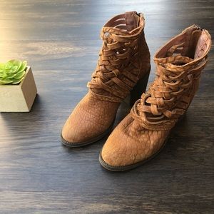 Free People Carrera Tan Strappy Heeled Booties